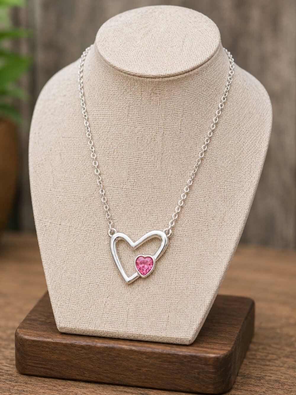 Silver Heart Necklace Pink Crystal Pendant - Picture 5 of 6
